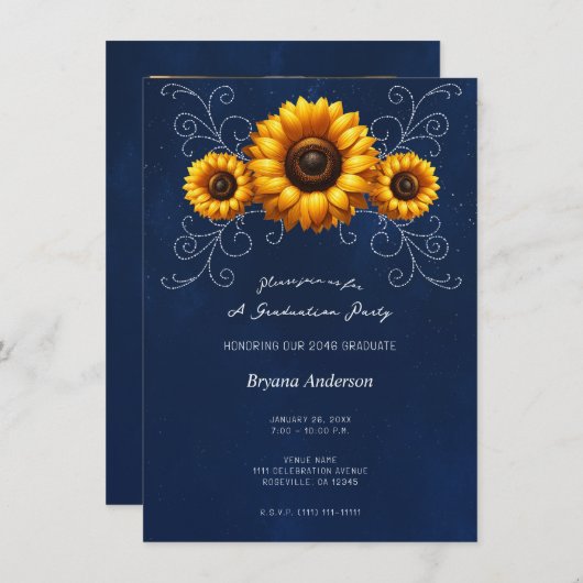 Zonnebloem Sparkle Blue Rustieke Graduation Party Kaart (Voorkant / Achterkant)