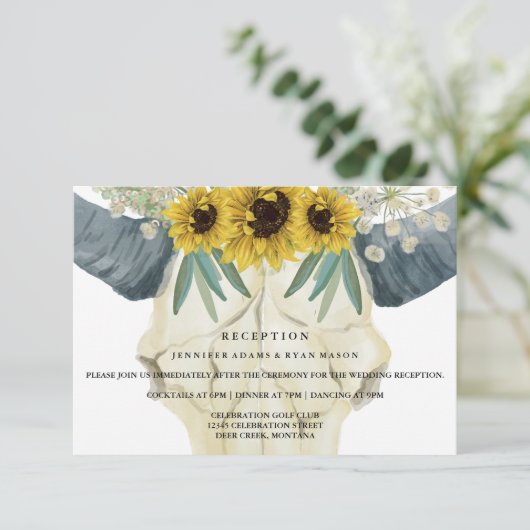 Zonnebloem Stierenschedel Waterverf Bruiloftsrecep Informatiekaartje (Staand voorkant)