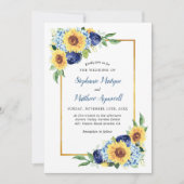 Zonnebloem Stof Blauw Bloemig Gouden Rand Trouwen Kaart (Voorkant)