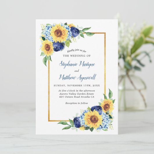 Zonnebloem Stof Blauw Bloemig Gouden Rand Trouwen Kaart (Staand voorkant)