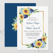 Zonnebloem Stof Blauw Bloemig Gouden Rand Trouwen Kaart (Voorkant / Achterkant)