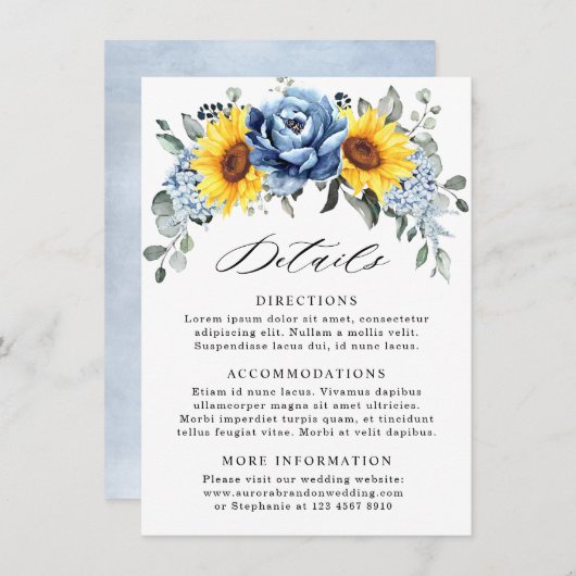 Zonnebloem Stofblauw Leisteen Pioen Huwelijksdetai Informatiekaartje (Voorkant / Achterkant)