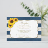 Zonnebloem strepen receptie, rustiek marineblauw informatiekaartje (Staand voorkant)