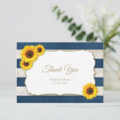 Zonnebloem strepen rustieke zomer bruiloft marine  bedankkaart (Staand voorkant)