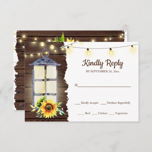 Zonnebloem String Lichte Lantaarn Rustiek Hout Bru RSVP Kaartje (Voorkant / Achterkant)