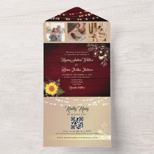 Zonnebloem String Lights Bruiloft QR Code All In One Uitnodiging (Binnen)