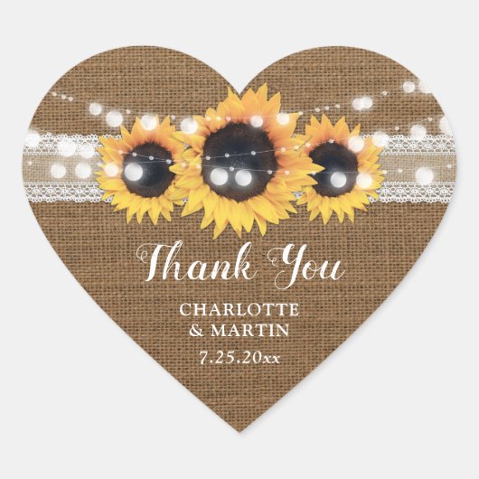Zonnebloem String Lights Burlap Lace Wedding Hart Sticker (Voorkant)