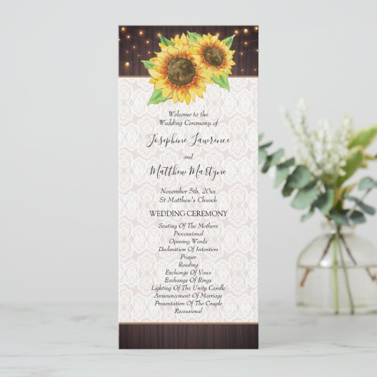 Zonnebloem String Lights Kant Rustieke Bruiloft Programmakaart (Staand voorkant)