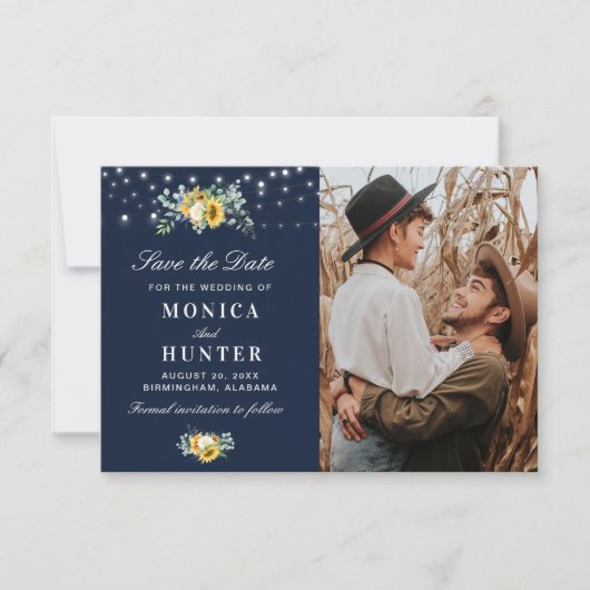 Zonnebloem String Lights Sla de datum fotokaart op Save The Date (Voorkant)