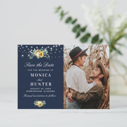 Zonnebloem String Lights Sla de datum fotokaart op Save The Date (Staand voorkant)