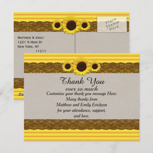 Zonnebloem, Stripes en bruine kant Briefkaart (Voorkant / Achterkant)