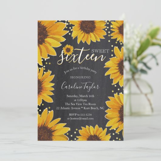 Zonnebloem Sweet 16 Verjaardag schoolbord Kaart (Staand voorkant)
