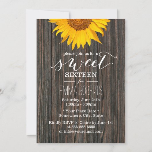 Zonnebloem Sweet Sixteen Rustic Wood Kaart (Voorkant)