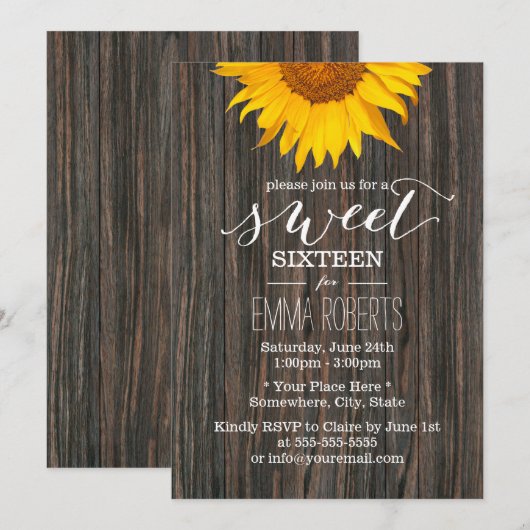 Zonnebloem Sweet Sixteen Rustic Wood Kaart (Voorkant / Achterkant)