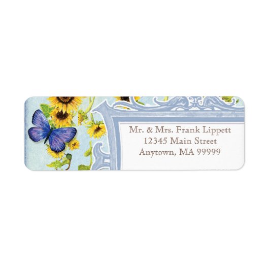 Zonnebloem Swirl Floral Lijst Blue Butterfly Invit Etiket (Voorkant)