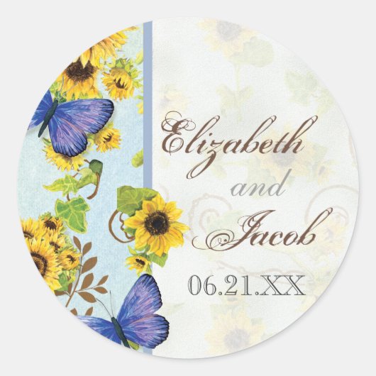 Zonnebloem Swirl Floral Lijst Blue Butterfly Invit Ronde Sticker (Voorkant)