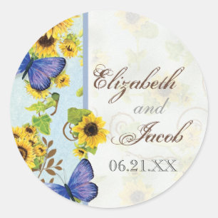 Zonnebloem Swirl Floral Lijst Blue Butterfly Invit Ronde Sticker