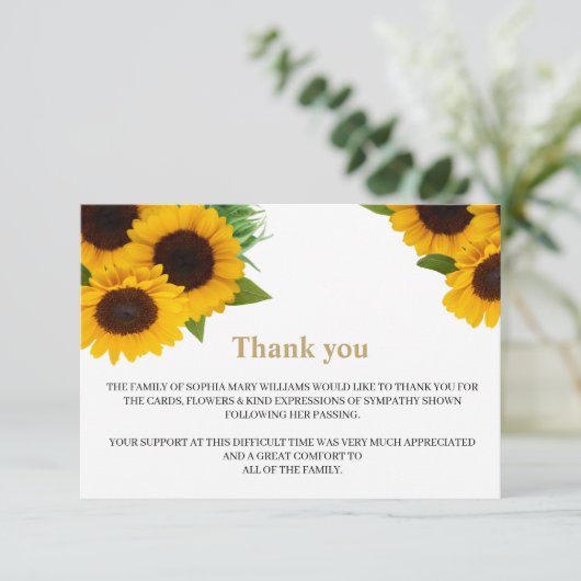 Zonnebloem Sympathie Funeral Dank je wel Bedankkaart (Staand voorkant)