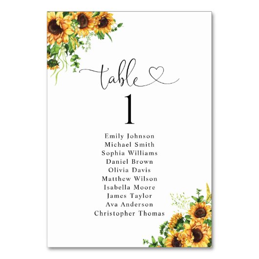 Zonnebloem Tafel Nummer Zitplaats Chart Kaart (Voorkant)