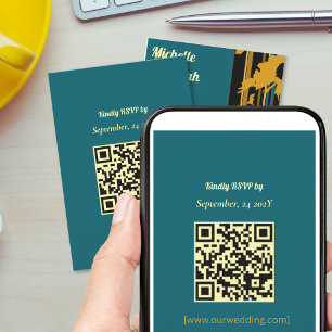 Zonnebloem Teal Blauw Goud Moderne QR Code Trouw  RSVP Kaartje