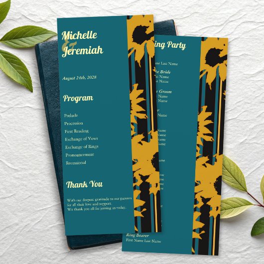 Zonnebloem Teal Blauw Goud Moderne Trouwdag Programmakaart