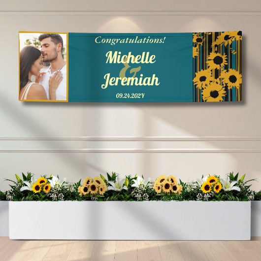 Zonnebloem Teal Blauw Goud Moderne Trouwdag Spandoek