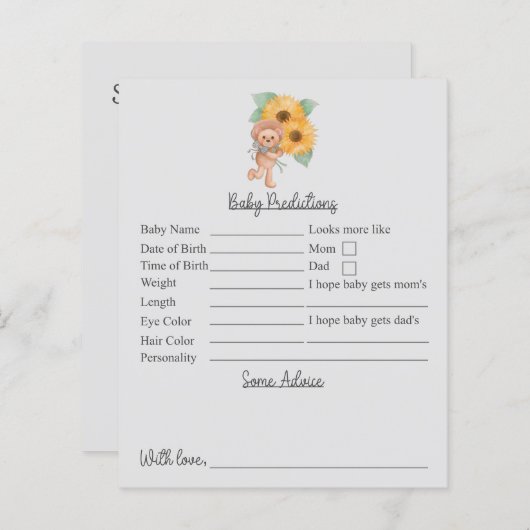 Zonnebloem Teddy Baby shower Predictions and Advic (Voorkant / Achterkant)