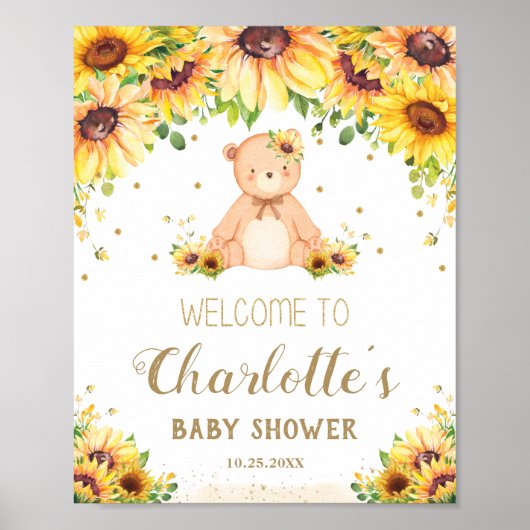 Zonnebloem Teddy Bear Baby shower Birthday Welkom Poster (Voorkant)