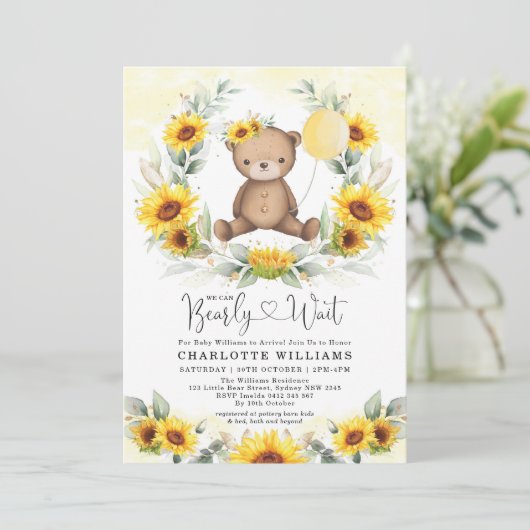 Zonnebloem Teddy Bear Summer Greenery Baby shower Kaart (Staand voorkant)