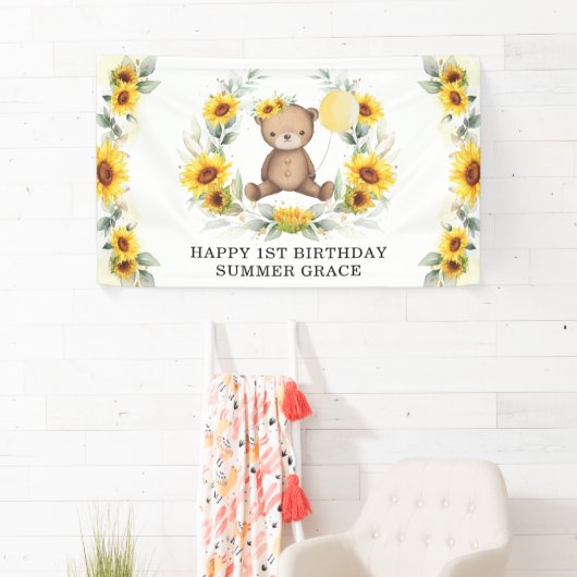 Zonnebloem Teddy Bear Yellow Balloon Happy Birthda Spandoek (Insitu)