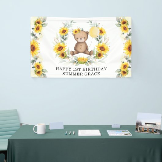 Zonnebloem Teddy Bear Yellow Balloon Happy Birthda Spandoek (Beurs)