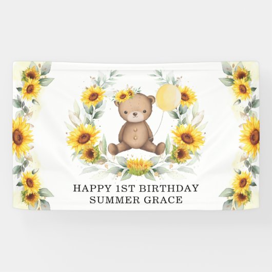 Zonnebloem Teddy Bear Yellow Balloon Happy Birthda Spandoek (Horizontaal)
