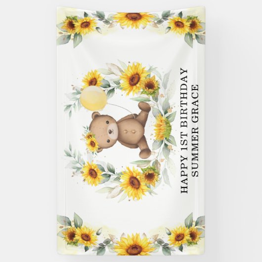 Zonnebloem Teddy Bear Yellow Balloon Happy Birthda Spandoek (Verticaal)