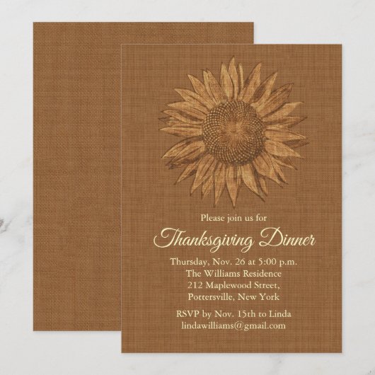 Zonnebloem Thanksgiving Binnenuitnodiging Kaart (Voorkant / Achterkant)