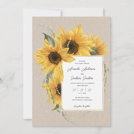 Zonnebloem thema, Country schuur rustieke bruiloft Kaart (Voorkant)