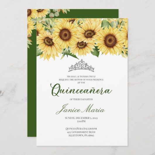 Zonnebloem Tiara Quinceañera Uitnodiging (Voorkant / Achterkant)