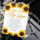 Zonnebloem tot we weer een begrafenisgedicht aantr reclamebord met voetstuk