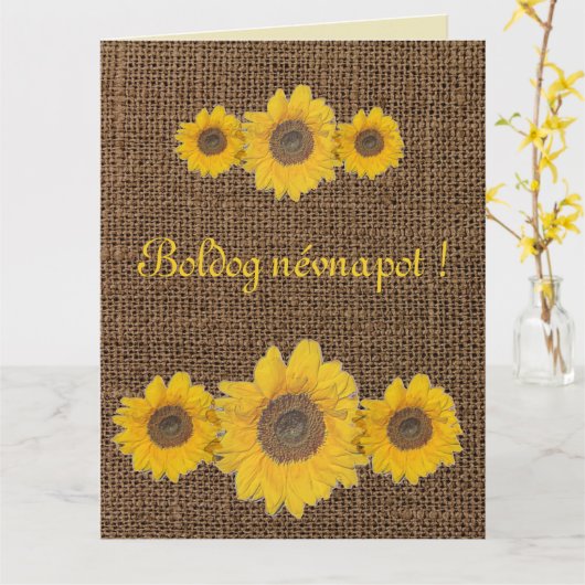 Zonnebloem trio in burlap- naamdag kaart (Gele Bloem)