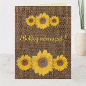Zonnebloem trio in burlap- naamdag kaart (Voorkant)