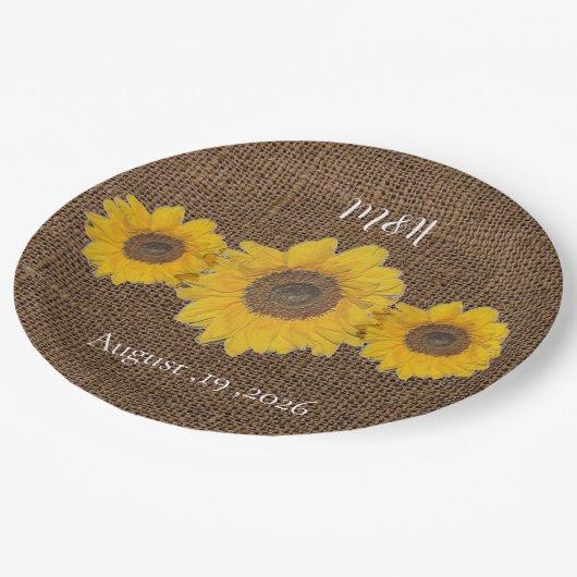 zonnebloem - trio in burlap - trouwerij papieren bordje (Gekanteld)