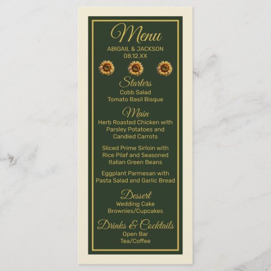 Zonnebloem Trouwbos Groen en Goud Menu (Voorkant)