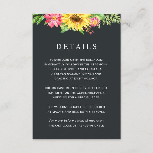 Zonnebloem-trouwkaart Informatiekaartje (Voorkant)