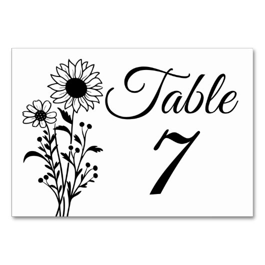 Zonnebloem Trouwtafel Nummers Rustieke Wildflowers Kaart (Voorkant)