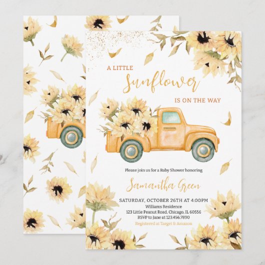 Zonnebloem Truck Baby shower Kaart (Voorkant / Achterkant)