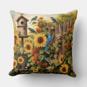 Zonnebloem Tuin 5 Vogelhuisjes Blauwe Vogels Kussen