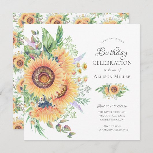 Zonnebloem Tuin Floral Birthday Uitnodiging (Voorkant / Achterkant)