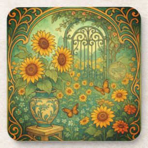  Zonnebloem Tuin Vlinders Art Nouveau Bier Onderzetter