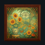 Zonnebloem Tuin Vlinders Art Nouveau Cadeaudoosje<br><div class="desc">Deze sieradenbox is voorzien van een bloemenbloemige  art nouveau-stijl,  gele zonnebloementuin met een boeket bloemen in een vaas en vlinders. Afbeelding gegenereerd met AI.</div>