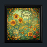 Zonnebloem Tuin Vlinders Art Nouveau Cadeaudoosje<br><div class="desc">Deze elegante geschenkdoos beschikt over een bloemengele  art nouveau zonnebloementuin met een boeket bloemen in een vaas en vlinders. Afbeelding gegenereerd met AI.</div>