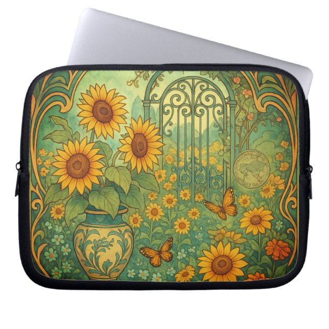 Zonnebloem Tuin Vlinders Art Nouveau Laptop Sleeve (Voorkant)